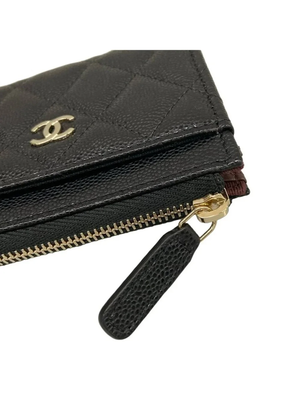 Chanel Coin Case Quilted Black L-shaped Zipper Champagne Gold